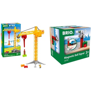 BRIO World 33835 Großer Baukran mit Licht - Zubehör für die BRIO Holzeisenbahn & World 33754 - Magnetisches Glockensignal – Eisenbahnzubehör Holzeisenbahn