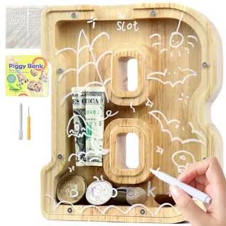 Lakpopya Spardose für Kinder Jungen Mädchen Sparschwein Kinder Spardose Personalisiert Durchsichtig Spardose Buchstabe Holz A-Z mit Zielbereich & Aufkleber & Marker, Taufe Geschenk Dekoration (B)