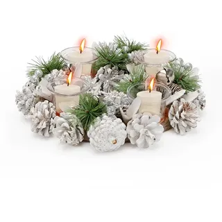 Gohytal Tischkranz für Weihnachten - weißer Adventskranz mit Glitzer - Dekokranz mit 4 Teelichthaltern - Weihnachtskranz mit Kerzenhalter