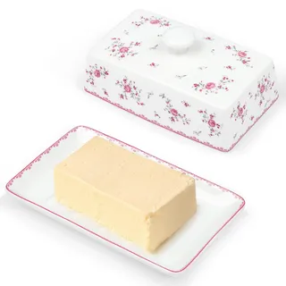 fanquare Rosa Blumen Keramik Butterdose mit Deckel und Griff für 250 g Butter, Groß Butterschale Porzellan, Hochwertige Butterbehälter