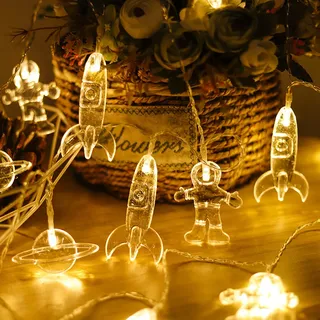 1.5M LED Lichterkette Batteriebetrieben Kinderzimmer Deko Astronaut Rakete Planet Lichterketten Mit Batterie, Warmweiß - Gelb