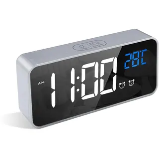LATEC Digitaler Wecker mit Große LED Temperaturanzeige, Tischuhr mit 10 Musik, USB Ladeanschluss, 4 Helligkeit und Lautstärke Regelbar, Snooze, tragbarer Spiegelalarm mit 2 Alarmen, 12/24HR