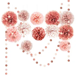 NICROLANDEE Seidenpapier Pompons Deko 15 Stück, Roségold Tissue Papier Pom Poms und Dots Papier Girlande, Party Dekorationen für Valentinstag Hochzeit, Babyparty Deko, Abschlussball, Gartenparty Deko