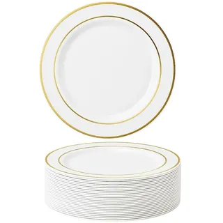 MATANA 25 Premium Weiße Plastikteller mit Goldrand, Mehrweg Kunststoffteller, 26cm - Partyteller Gold für Hochzeiten, Geburtstage, Partys - Elegantes & Stabiles Partygeschirr