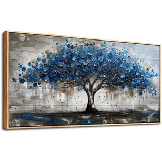 MHARTK66 Blauer Baum Bilder Mit Rahmen Holz, Bäume Natur Leinwand Bilde Aesthetic, 50x100 cm Groß Wandbilder Wohnzimmer, Modern Wanddeko Kunstdruck Schlafzimmer Esszimmer Büro Küche