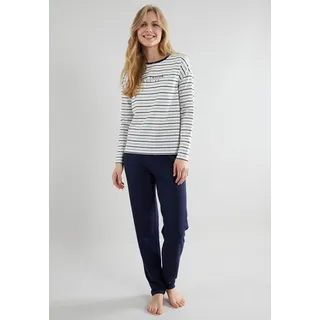 Pyjama TOM TAILOR "Zaria", Damen, Gr. 40L, blau, Single Jersey, Obermaterial: 95% Baumwolle, 5% Elasthan, lang, Rundhals, gerader Abschluss, Homewear-Sets Pyjama, gestreiftes Oberteil, mit Rundhalsausschnitt und langem Arm