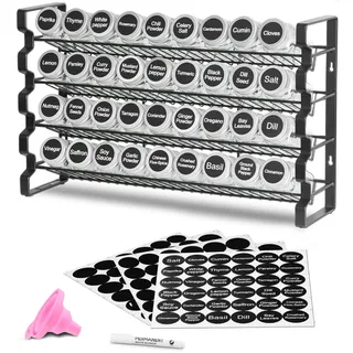 Vevor 4-stöckiges Gewürzregal Gewürzhalter mit 36 leeren Gewürzgläser & Gestell & Gewürzetiketten & Trichter-Komplettset, Gewürz-Organizer für Küchen Schrank Speisekammer (463 x 118 x 282 mm)