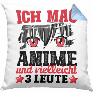 Trendation Anime Kissen mit Füllung 40x40 Geschenk Anime-Liebhaber Geschenkidee Ich Mag Anime Und Vielleicht 3 Leute (Blau)