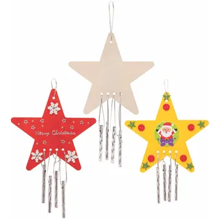 Baker Ross FE760 Sterne Windspiel aus Holz - 4er Pack, Musikalisches Windspiel mit Metalglocken Bastelset für Kinder zum Anmalen und Dekorieren, Weihnachtsbastelsets für Kinder