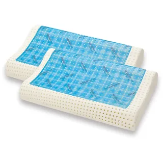 Marcapiuma 2-Stück Memory Gel Welleforme Frische Viscoelastische Kopfkissen, h. 12 cm, Doubleface Frische Gel Visco Memory Schaum Nackenstützkissen, abziehbarer Baumwolle Bezug Made in Italy