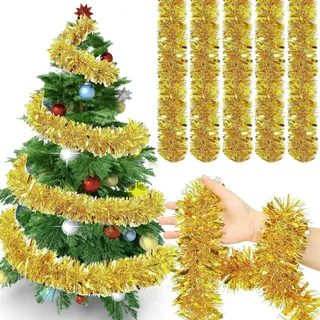 XULEGGNK 5 Stück Weihnachtsgirlande Gold 2M, Lametta Weihnachtsbaum Girlande Gold, Glänzend Girlande Weihnachten Tannengrün, Weihnachtsbaumdeko Weihnachten Für Outdoor, Kamine,Treppe, Goldene Deko