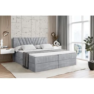 ALTDECOR Boxspringbett mit H3 Matratze und Topper - 200 x 200 cm - ERNINA - Hellgrau Samt - Polsterbett mit Bettkasten und Lattenrost, Bett mit Stauraum - Hellgrau
