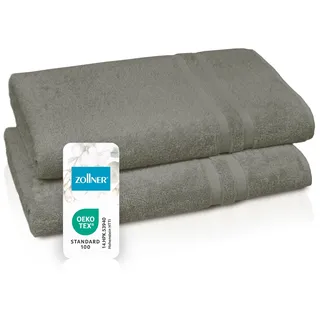ZOLLNER 2er Set Saunatücher in 70x180 cm - Flauschige Handtücher aus Baumwolle - mit moderner Streifenbordüre - bis 60°C waschbar - mit praktischem Aufhänger - in Taupe - Hotelqualität