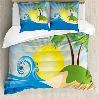 ABAKUHAUS Strand Bettbezug, Sun Rays Tropical Island, Milbensicher Allergiker geeignet mit Kissenbezügen, 155 cm x 220 cm - 80 x 80 cm, Blau Gelb Grün - Blau