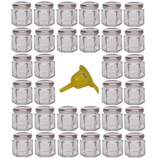 Viva Haushaltswaren - 32 x Mini Einmachglas 47 ml mit silberfarbenem Deckel, sechseckige Glasdosen als Marmeladengläser, Gewürzdosen, Gastgeschenk etc. verwendbar (inkl. Trichter Ø 12,3 cm)