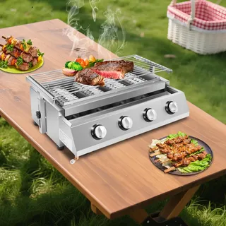 Gasgrill - 4 Brenner - Infrarot-Keramikplatte - Edelstahlrahmen - Verstellbares Gestell - Niederdruckventil - Große Grillfläche