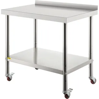 Vevor Arbeitstisch Edelstahl, Edelstahltisch mit Höhenverstellbarer Ablage, Küchentisch mit 4 Universalräder und Aufkantung 91,4 x 61 x 89 cm