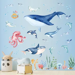 wondever Wandtattoo Unter dem Meer Wale Wandaufkleber Fische Seetang Unterwasserwelt Wandsticker Wanddeko für Kinderzimmer Babyzimmer Badezimmer