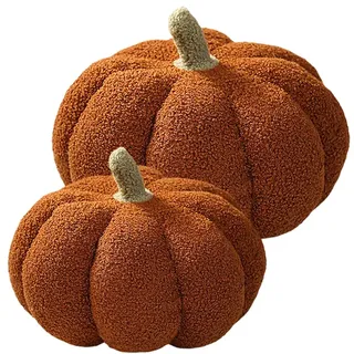 LOMTRATS Dekoratives Kürbis-Wurfkissen für Halloween oder Thanksgiving, Plüsch-Kürbis-förmiges Kissen für Party,3D-simuliert mit Blatt für Zuhause, Herbstdekoration(Brown 9''+11.8'')