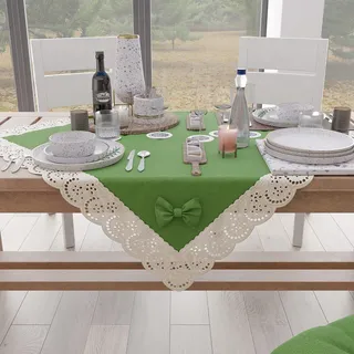 PETTI Artigiani Italiani - Quadratische Mitteldecke, Baumwolle mit Sangallo-Spitze und Schleifen, 95 x 95 cm, Grün