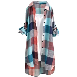 Musselin-Bluse-Damen - Lang Musselin Bluse mit Knopfleiste Oberteile Tunika Langarm Lange Elegant Pullover Mit Knopfleiste Long Stehkragen Longshirt Longbluse Leinenbluse