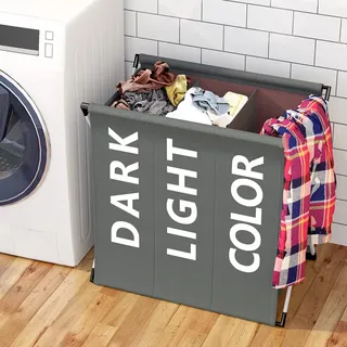 BAKAJI Schmutziger Wäschekorb mit 3 Fächern, Struktur aus Metall, faltbar, Dekoration aus Stoff, platzsparend, mit Deckel (dunkelgrau)