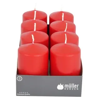 Müller Kerzen Stumpenkerze, karminrot, Hochwertige Stumpenkerze mit gleichmäßigen Abbrand, 1 Packung = 8 Stück, (Ø x H): 68 x 110 mm