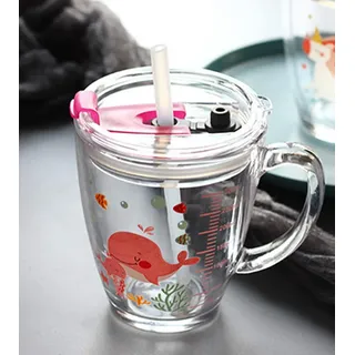 ITODA Glas Kinder Wasserbecher 300ml Becher Trinkbecher mit Stroh Trinkglas mit Deckel Messbecher Mikrowellengeeignet Wasserglas Hitzebeständig Saftglas Jungen Mädchen Getränkebecher für Milch Wasser