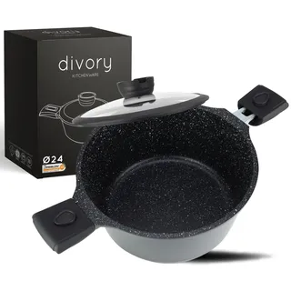 DIVORY Großer Kochtopf 24cm – 4L Topf groß mit Deckel, Gemüsetopf Induktion,Suppentopf mit abnehmbaren Griffen, Fleischtopf hoch Schwarz