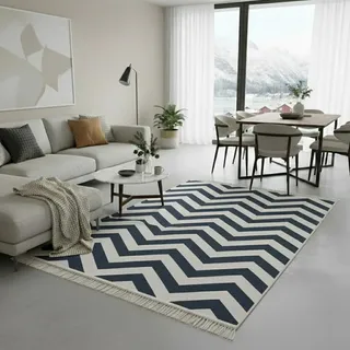 jimri Fashion4Home Teppich Läufer - Tepiche für Wohnzimmer, Schlafzimmer, Küche, Kinderzimmer, Badezimmer - Boho Kelim - Läufer Flur, Zigzag-Blau-Weiß, Größe: 160x230 cm