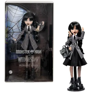 Monster High Wednesday Addams Sammelfigur in Nevermore Academy Uniform mit Eiskaltem Händchen und Rucksack, Puppenständer, HXJ04