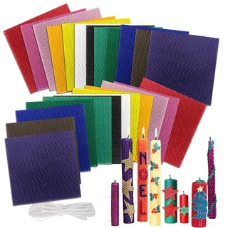 VOHESEA Bienenwachsplatten für Kerzen 24 Stück, 12 Farben Bienenwachsblätter (20x20 cm) mit 12 Baumwolldocht, Kerzen Selber Machen Set, DIY-Kerzenherstellungsset für Kinder ab 3+ Jährige & Erwachsene