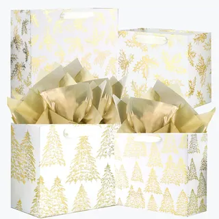 UNIQOOO 12 Stück sortierte metallische Goldtüten, Größe L 31,8 cm, M 22,9 cm, vergoldete Weihnachtsbaum-Geschenktüten, goldene Mistelzweig-Papier-Geschenktüte, Geschenkverpackung für Thanksgiving
