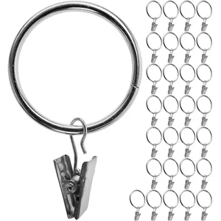 Gardinenklemmen mit Ringen, 30 Pack, in Silber-Farben, Ø 35 mm innen, Gardinenringe für bis Ø 34 mm Dicke Gardinenstangen, Vorhang Ringe Klammer Haken, Gardinen Klemmen Aufziehringe, Curtain Rings