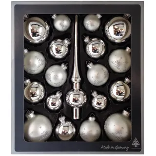Thüringer Glasdesign - Kugel Set aus Glas inkl. Aufhänger und Spitze, Glanz und matt, Christbaumkugeln, Christbaumschmuck, Dekoration, unbekannt, Silber