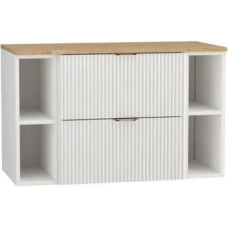 WENA Waschtischunterschrank 100 cm, mit 2 Regale, geriffelte Fronten, Griffe aus Metall in der Farbe Gold (Farbe: Weiß/Eiche Platte) - Weiß, Bronze