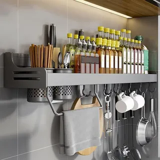 Edumov Gewürzregal Wand, Gewürz Organizer Ohne Bohren, Gewürzregale Hängend, Gewürzhalter Kleben, Küchenregal Wand Metall für Schranktür,Küche, Spice Rack, 40cm, Grau
