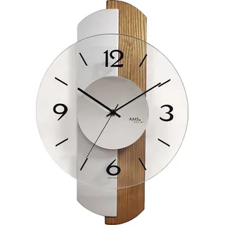 AMS W9211 Wanduhr mit eichelackiertem Holzgehäuse - Silber, Transparent, Braun