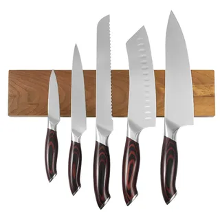 SucceBuy 6-teiliges Messerset mit magnetischer Halterung, Messer aus kohlenstoffreichem Edelstahl, Küchenbesteck mit ergonomischen und robusten Griffen, Magnetleiste in edler Walnussoptik
