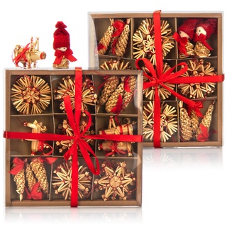 COM-FOUR® 70-teiliges Set Christbaum-Schmuck - Weihnachtsbaum-Behang aus Stroh - Zapfen, Wichtel, Figuren und Strohsterne - Weihnachtsdekoration