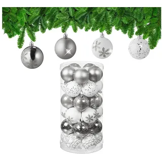 Relaxdays Weihnachtskugeln 30er Set, Kunststoff, D: 6 cm, runde Weihnachtsbaumdeko, Baumschmuck bruchsicher, silber/weiß
