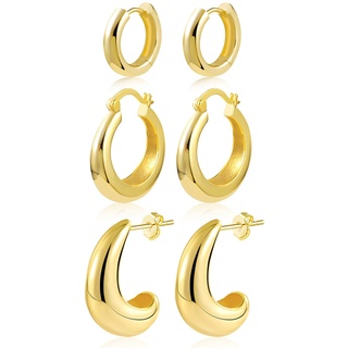 Gold Creolen Ohrringe Set, 3 Paar 14k Echt Vergoldete Creolen Gold Kleine für Damen, Hypoallergen Knorpel Huggie Gold Creolen Piercing Ohrringe für Mehrere Ohrlöcher