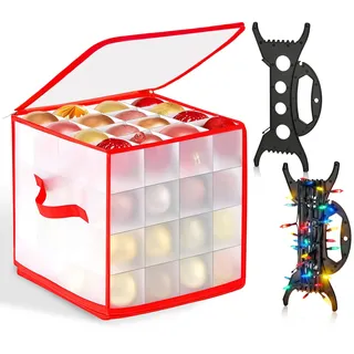 Aufbewahrungsbox für Weihnachtskugeln, 64 Fächer Weihnachtskugeln Aufbewahrung, Transparente Christbaumkugeln mit 2 Kabelwickler, Faltbare Box für Weihnachtskugeln mit Deckel Griffen Reißverschluss
