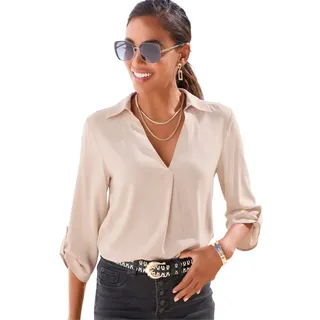 Schlupfbluse LASCANA, Damen, Gr. 34, beige (champagner), Web, Obermaterial: 100% Viskose, unifarben, figurumspielend hüftlang, V-Ausschnitt, mit Riegel gerader Abschluss, Blusen Schlupfbluse, mit 3/4-Ärmeln, Damenbluse für den Alltag oder festliche Anlässe, Topseller