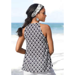 Strandtop LASCANA, Damen, Gr. 44/46, blau (marine, weiß, bedruckt), Jersey, Obermaterial: 100% Viskose, figurumspielend hüftlang, amerikanischer Ausschnitt, Tops Strandtop, in leichter A-Form, Damentop mit Alloverdruck und Cut-Out
