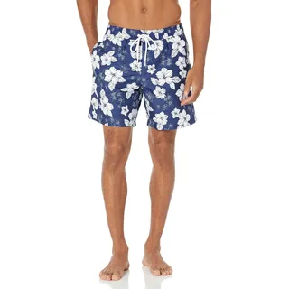 Amazon Essentials Herren Badeshorts - Badehose Herren Kurz mit Netzfutter, Taschen und Kordelzugverschluss, Marineblau Hibiskusblume, XXL