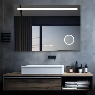 MIQU LED Badspiegel mit Beleuchtung 100x70 cm Badezimmerspiegel, Bad Groß Spiegel mit Steckdose Uhr Touch Dimmbar 3 Farben Licht Beschlagfrei Vergrößerung Wandspiegel für Badezimmer, WC, Flur