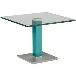 Beistelltisch , Türkis, Edelstahlfarben , Metall, Glas , quadratisch , eckig, Säule, Bodenplatte , 60x46-65x60 cm , höhenverstellbar , Wohnzimmer, Wohnzimmertische, Beistelltische, Beistelltische Metall