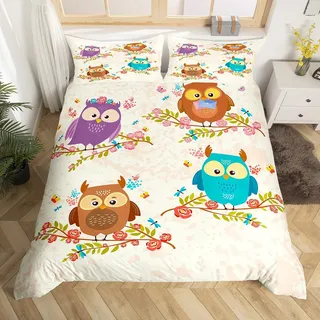Eule Bettwäsche Set 135x200 Kawaii Eule Tröster Abdeckung Cartoon Tier Bettbezug für Kinder Niedliche Blumenzweige Steppdecke Vogel Muster Bettdecke Abdeckung Schlafzimmer Dekor Geschenk, Bunt