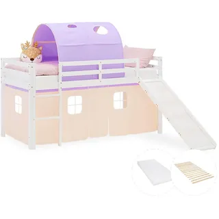 Homestyle4u Hochbett 90/200 cm in weiß Rutsche Bettvorhang Tunnel peach Matratze , Textil , Kiefer , 90x200 cm , Babymöbel & Kindermöbel, Kinderzimmer & Jugendzimmer, Kinderbetten, Hochbetten